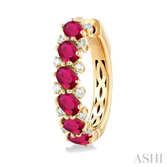 4X3 MM Oval Cut Ruby and 1/4 Ctw Round Cut Diamond Precious Hoop Earring in 14K Yellow Gold