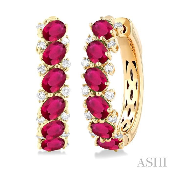 4X3 MM Oval Cut Ruby and 1/4 Ctw Round Cut Diamond Precious Hoop Earring in 14K Yellow Gold