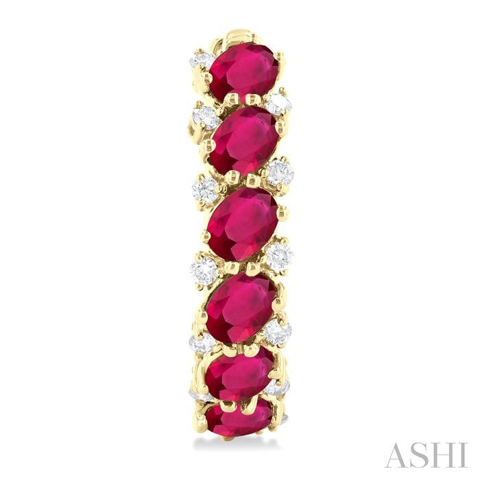 4X3 MM Oval Cut Ruby and 1/4 Ctw Round Cut Diamond Precious Hoop Earring in 14K Yellow Gold