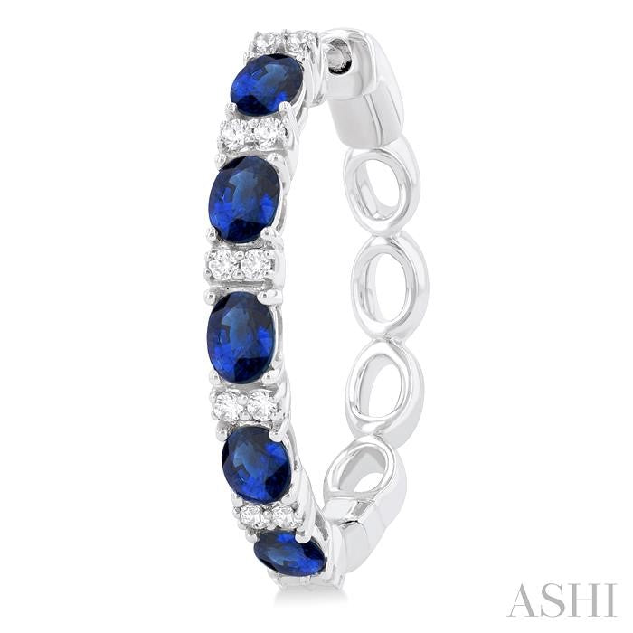 4X3 MM Oval Cut Sapphire and 1/4 Ctw Round Cut Diamond Precious Hoop Earring in 14K White Gold