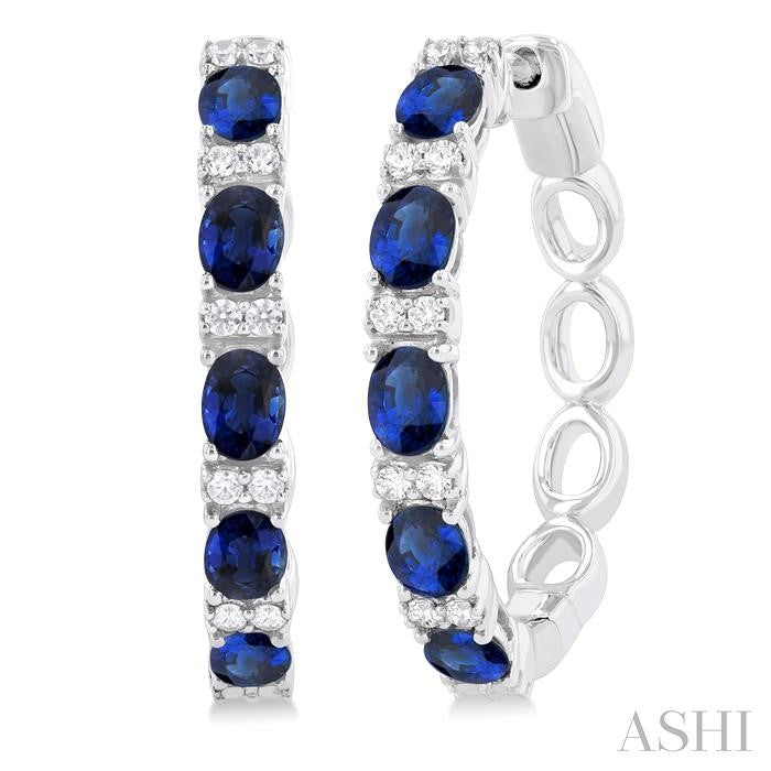 4X3 MM Oval Cut Sapphire and 1/4 Ctw Round Cut Diamond Precious Hoop Earring in 14K White Gold