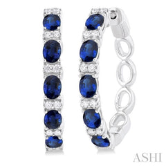 4X3 MM Oval Cut Sapphire and 1/4 Ctw Round Cut Diamond Precious Hoop Earring in 14K White Gold