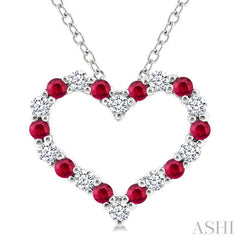 1.4 MM Round Cut Ruby and 1/8 Ctw Open Heart Round Cut Diamond Precious Fashion Pendant With Chain in 14K White Gold