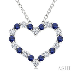 1.4 MM Round Cut Sapphire and 1/8 Ctw Open Heart Round Cut Diamond Precious Fashion Pendant With Chain in 14K White Gold