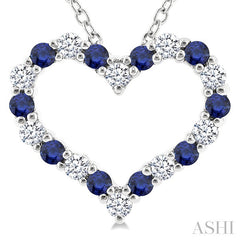 1.4 MM Round Cut Sapphire and 1/8 Ctw Open Heart Round Cut Diamond Precious Fashion Pendant With Chain in 14K White Gold