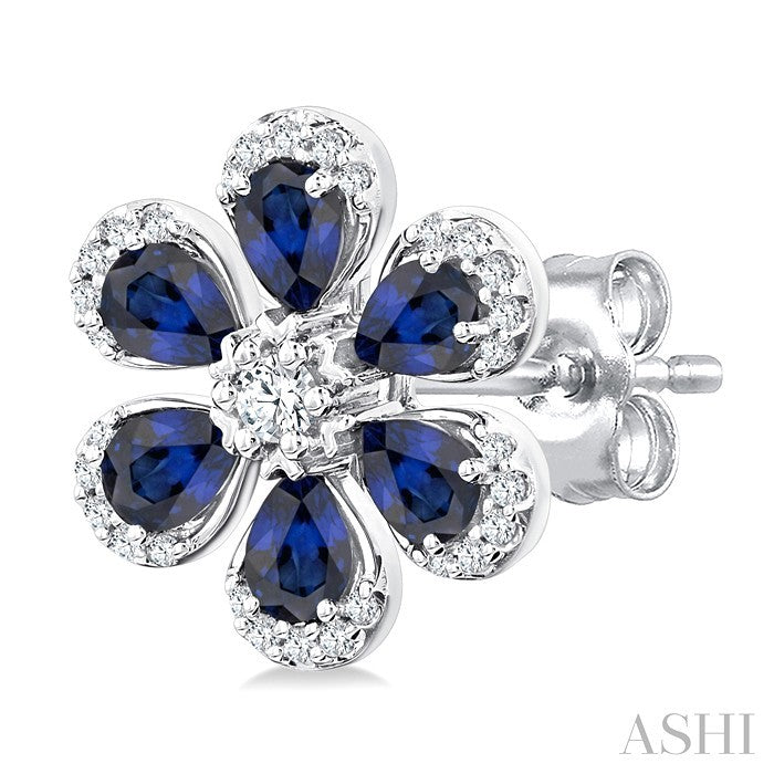 4X3 MM Floral Blossom Pear Cut Sapphire and 1/3 Ctw Round Cut Diamond Precious Stud Earring in 14K White Gold
