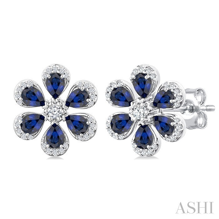 4X3 MM Floral Blossom Pear Cut Sapphire and 1/3 Ctw Round Cut Diamond Precious Stud Earring in 14K White Gold