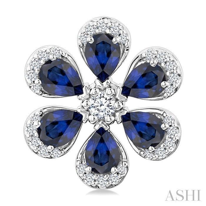 4X3 MM Floral Blossom Pear Cut Sapphire and 1/3 Ctw Round Cut Diamond Precious Stud Earring in 14K White Gold