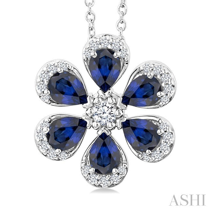 4X3 MM Floral Blossom Pear Cut Sapphire and 1/6 Ctw Round Cut Diamond Precious Pendant With Chain in 14K White Gold