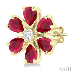 4X3 MM Floral Blossom Pear Cut Ruby and 1/10 Ctw Round Cut Diamond Precious Stud Earring in 14K Yellow Gold