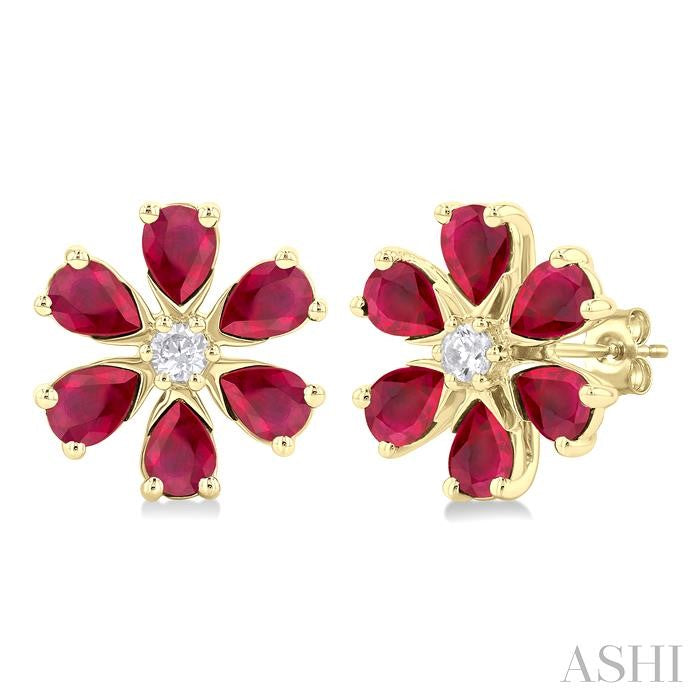 4X3 MM Floral Blossom Pear Cut Ruby and 1/10 Ctw Round Cut Diamond Precious Stud Earring in 14K Yellow Gold