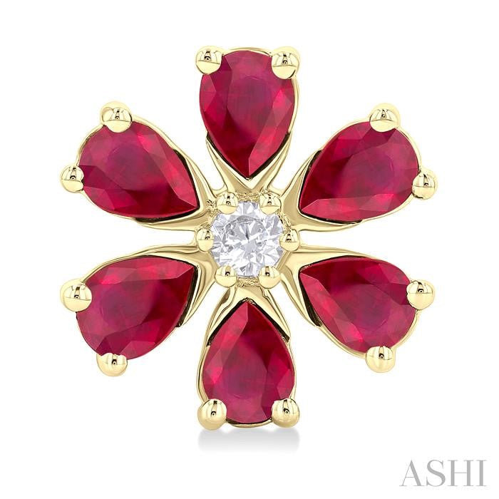 4X3 MM Floral Blossom Pear Cut Ruby and 1/10 Ctw Round Cut Diamond Precious Stud Earring in 14K Yellow Gold