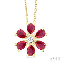 4X3 MM Floral Blossom Pear Cut Ruby and 1/20 Ctw Round Cut Diamond Precious Pendant With Chain in 14K Yellow Gold