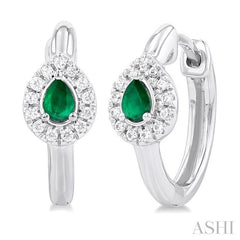 4X3 MM Pear Cut Emerald and 1/10 Ctw Petite Round Cut Halo Diamond Fashion Huggies in 10K White Gold
