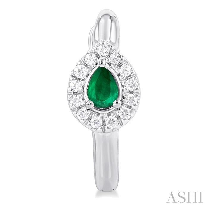 4X3 MM Pear Cut Emerald and 1/10 Ctw Petite Round Cut Halo Diamond Fashion Huggies in 10K White Gold