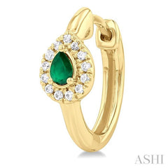 4X3 MM Pear Cut Emerald and 1/10 Ctw Petite Round Cut Halo Diamond Fashion Huggies in 10K Yellow Gold