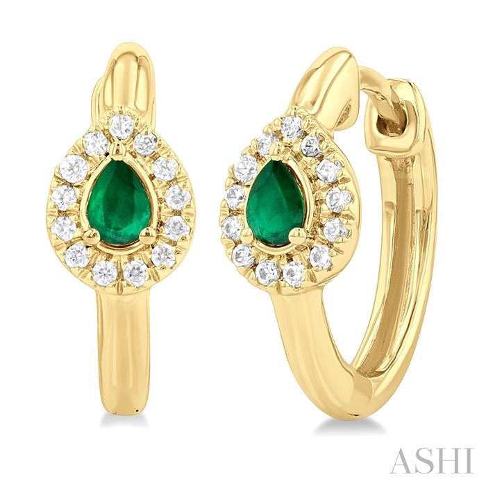 4X3 MM Pear Cut Emerald and 1/10 Ctw Petite Round Cut Halo Diamond Fashion Huggies in 10K Yellow Gold