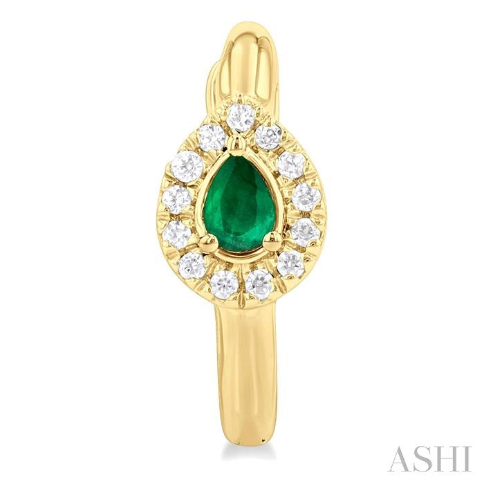 4X3 MM Pear Cut Emerald and 1/10 Ctw Petite Round Cut Halo Diamond Fashion Huggies in 10K Yellow Gold
