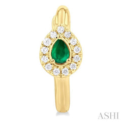 4X3 MM Pear Cut Emerald and 1/10 Ctw Petite Round Cut Halo Diamond Fashion Huggies in 10K Yellow Gold