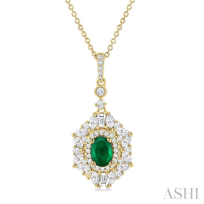 7x5 MM Oval Cut Emerald and 1 Ctw Marquise, Baguette & Round Cut Diamond Halo Precious Pendant With Chain in 14K Yellow Gold