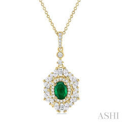 7x5 MM Oval Cut Emerald and 1 Ctw Marquise, Baguette & Round Cut Diamond Halo Precious Pendant With Chain in 14K Yellow Gold