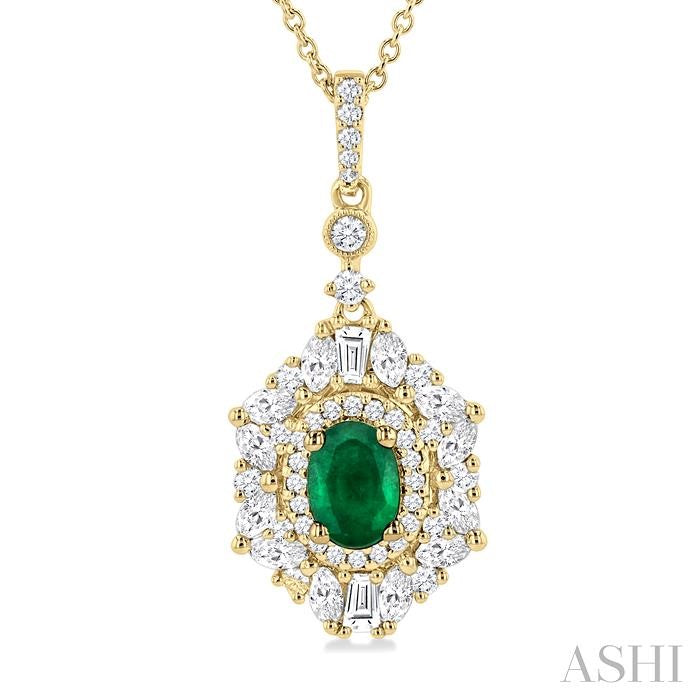 7x5 MM Oval Cut Emerald and 1 Ctw Marquise, Baguette & Round Cut Diamond Halo Precious Pendant With Chain in 14K Yellow Gold