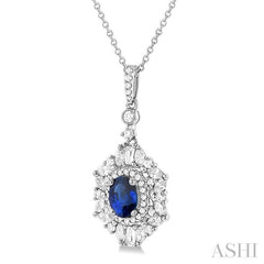 7x5 MM Oval Cut Sapphire and 1 Ctw Marquise, Baguette & Round Cut Diamond Halo Precious Pendant With Chain in 14K white Gold