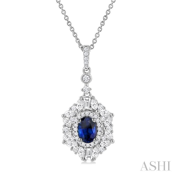 7x5 MM Oval Cut Sapphire and 1 Ctw Marquise, Baguette & Round Cut Diamond Halo Precious Pendant With Chain in 14K white Gold