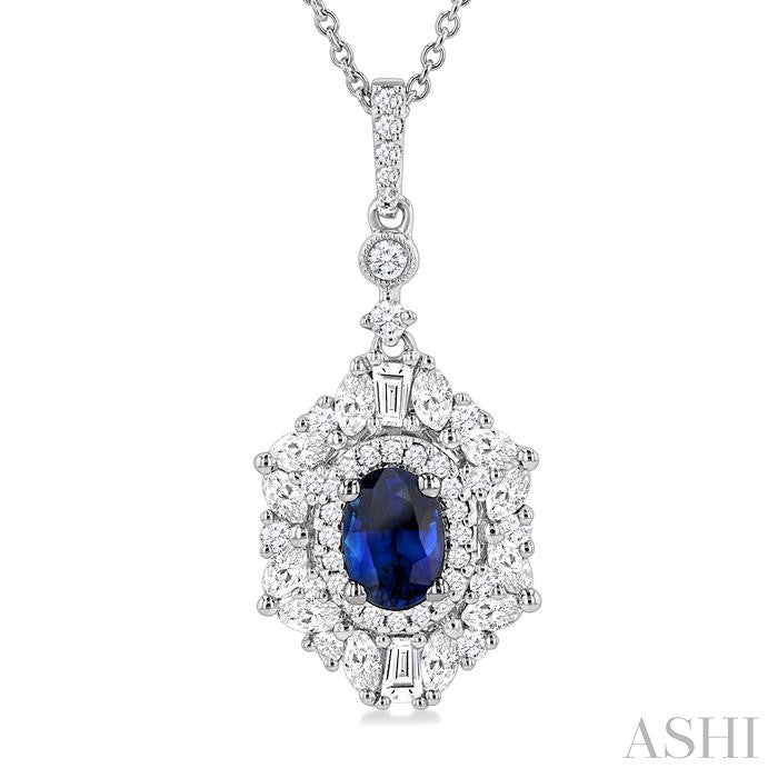 7x5 MM Oval Cut Sapphire and 1 Ctw Marquise, Baguette & Round Cut Diamond Halo Precious Pendant With Chain in 14K white Gold