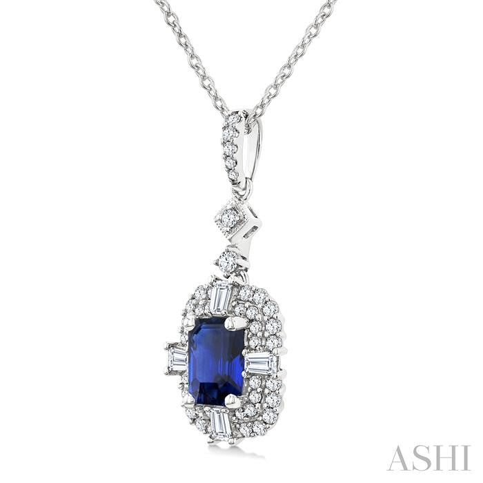7x5 MM Octagon Shape Sapphire and 1/2 Ctw Baguette and Round Cut Diamond Halo Precious Pendant With Chain in 14K White Gold