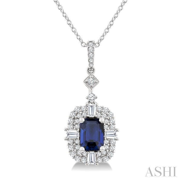 7x5 MM Octagon Shape Sapphire and 1/2 Ctw Baguette and Round Cut Diamond Halo Precious Pendant With Chain in 14K White Gold