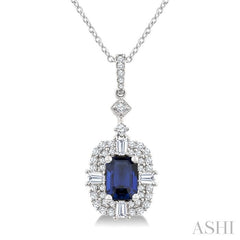 7x5 MM Octagon Shape Sapphire and 1/2 Ctw Baguette and Round Cut Diamond Halo Precious Pendant With Chain in 14K White Gold