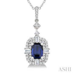 7x5 MM Octagon Shape Sapphire and 1/2 Ctw Baguette and Round Cut Diamond Halo Precious Pendant With Chain in 14K White Gold