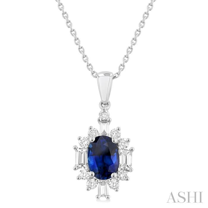 7x5 MM Oval Cut Sapphire and 3/8 Ctw Baguette & Round Cut Diamond Halo Precious Pendant With Chain in 14K White Gold