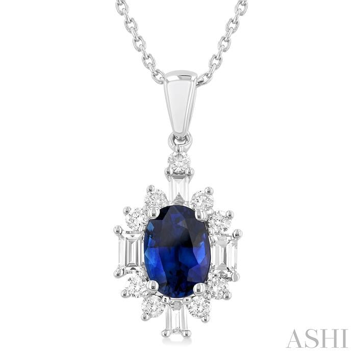 7x5 MM Oval Cut Sapphire and 3/8 Ctw Baguette & Round Cut Diamond Halo Precious Pendant With Chain in 14K White Gold