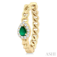 4X3 MM Pear Cut Emerald and 1/6 Ctw Curb & Cuban Link Round Cut Diamond Precious Fashion Hoop Earring in 10K Yellow Gold