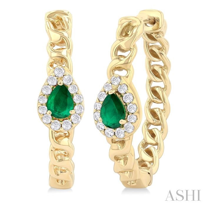 4X3 MM Pear Cut Emerald and 1/6 Ctw Curb & Cuban Link Round Cut Diamond Precious Fashion Hoop Earring in 10K Yellow Gold