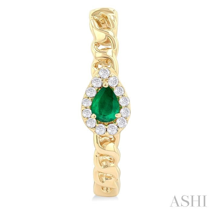 4X3 MM Pear Cut Emerald and 1/6 Ctw Curb & Cuban Link Round Cut Diamond Precious Fashion Hoop Earring in 10K Yellow Gold