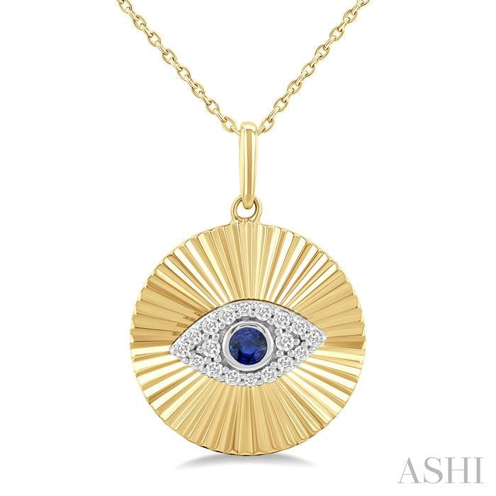 2.5 MM Round Shape Sapphire and 1/8 Ctw Fluted Evil Eye Round Cut Diamond Precious Fashion Pendant With Chain in 10K Yellow and White Gold