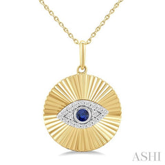2.5 MM Round Shape Sapphire and 1/8 Ctw Fluted Evil Eye Round Cut Diamond Precious Fashion Pendant With Chain in 10K Yellow and White Gold