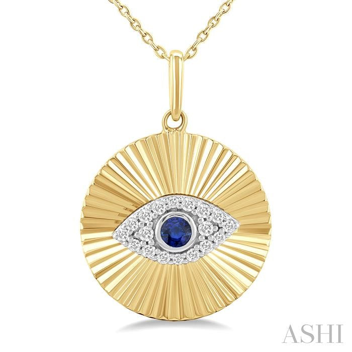 2.5 MM Round Shape Sapphire and 1/8 Ctw Fluted Evil Eye Round Cut Diamond Precious Fashion Pendant With Chain in 10K Yellow and White Gold