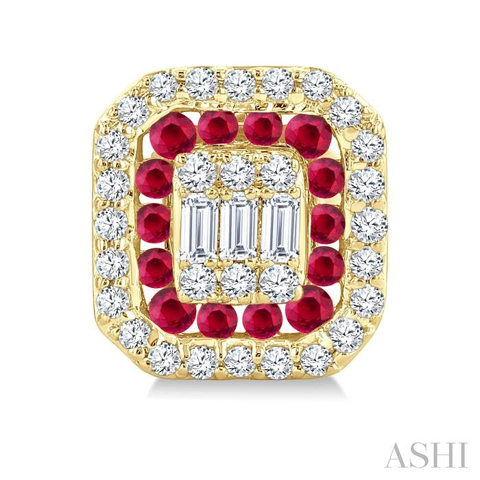 1/3 Ctw Octagonal Shape 1.25MM Round Cut Ruby, Baguette and Round Cut Diamond Fusion Precious Stud Earring in 14K Yellow Gold