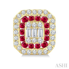 1/3 Ctw Octagonal Shape 1.25MM Round Cut Ruby, Baguette and Round Cut Diamond Fusion Precious Stud Earring in 14K Yellow Gold
