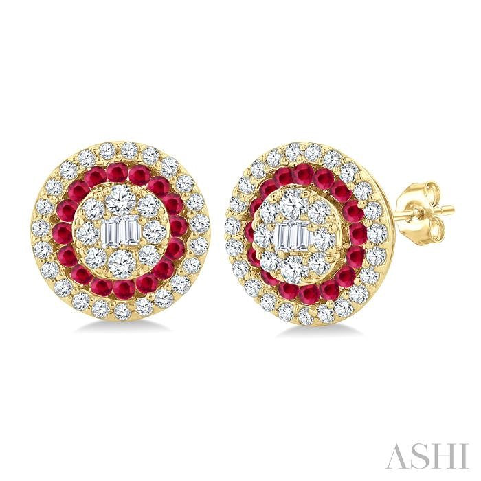 1/3 Ctw Circular Shape 1.00MM Round Cut Ruby, Baguette and Round Cut Diamond Fusion Precious Stud Earring in 14K Yellow Gold