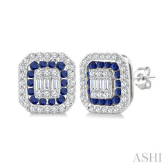1/3 Ctw Octagonal Shape 1.25MM Round Cut Sapphire, Baguette and Round Cut Diamond Fusion Precious Stud Earring in 14K White Gold