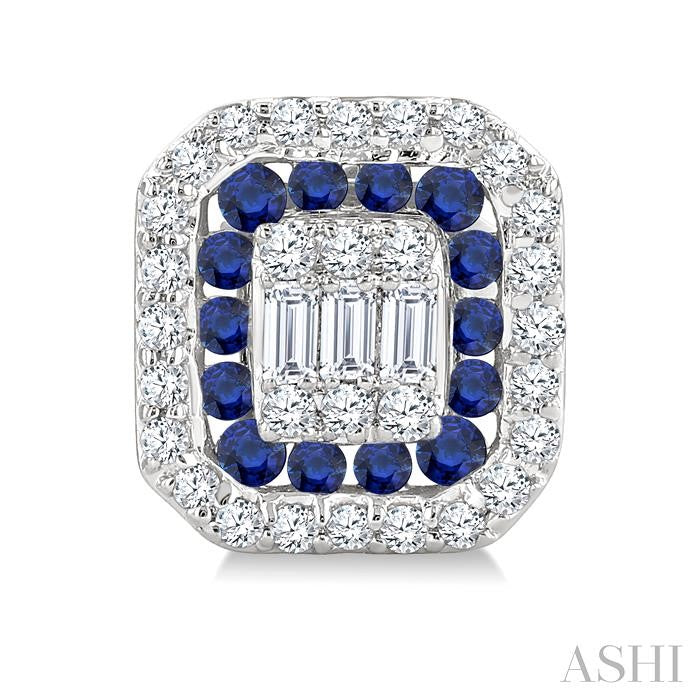 1/3 Ctw Octagonal Shape 1.25MM Round Cut Sapphire, Baguette and Round Cut Diamond Fusion Precious Stud Earring in 14K White Gold