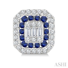 1/3 Ctw Octagonal Shape 1.25MM Round Cut Sapphire, Baguette and Round Cut Diamond Fusion Precious Stud Earring in 14K White Gold