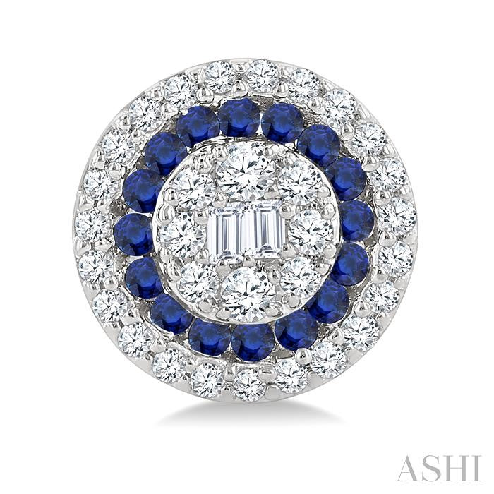 1/3 Ctw Circular Shape 1.00MM Round Cut Sapphire, Baguette and Round Cut Diamond Fusion Precious Stud Earring in 14K White Gold
