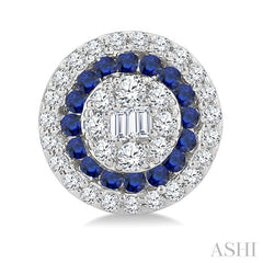 1/3 Ctw Circular Shape 1.00MM Round Cut Sapphire, Baguette and Round Cut Diamond Fusion Precious Stud Earring in 14K White Gold