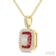 1/4 Ctw Octagonal Shape 1.45MM Ruby, Baguette and Round Cut Diamond Precious Fusion Pendant With Chain in 14K Yellow Gold